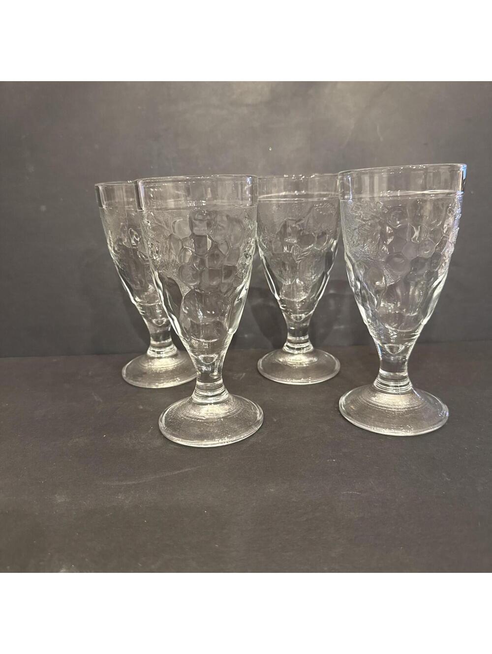 Vintage Arcoroc France (4) Clear Molded Embossed Fruit Design Goblets 7” X 3.25”